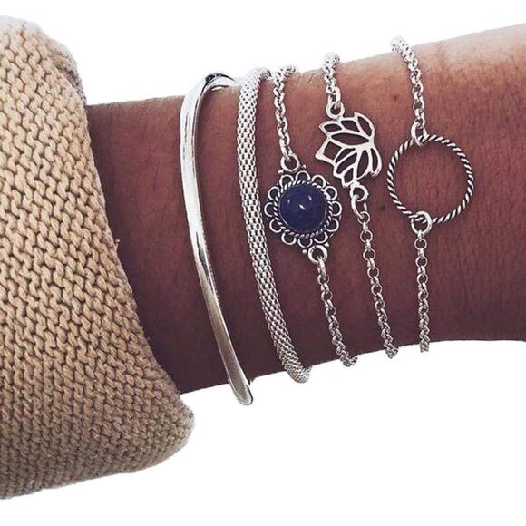 Meditation Theme 6 PC stackable chain bracelet set - lotus silver - BRAND NEW - Picture 4 of 5